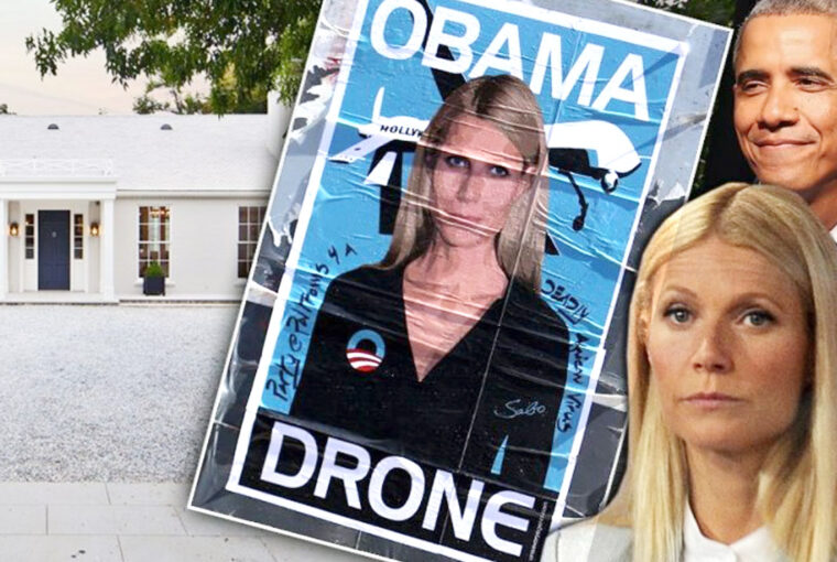 A woman standing next to a poster of obama and a drone.
