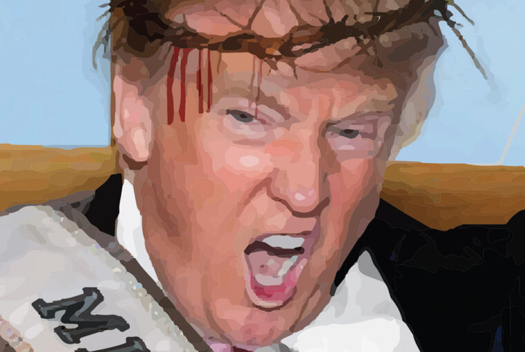 A painting of donald trump with a crown of thorns on his head.