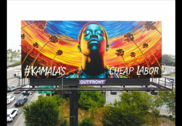 A billboard with a painting of a man on it.