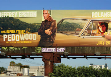 A billboard with an image of a man in leather jacket and car.