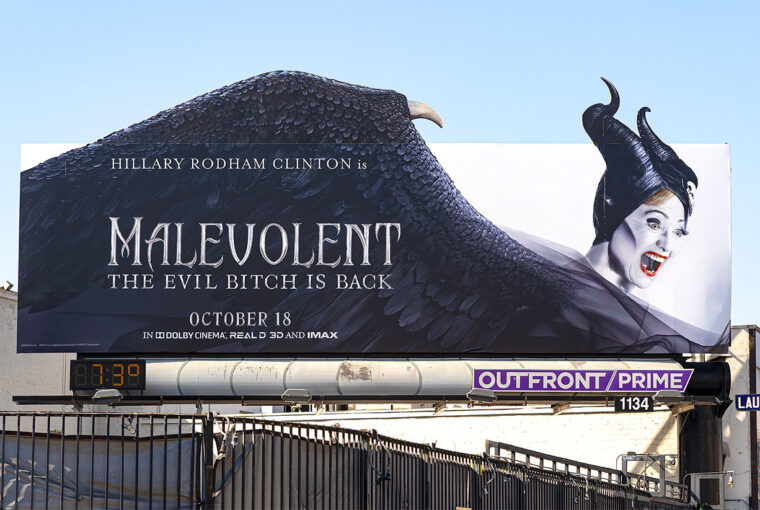 A billboard for the movie malevolent.