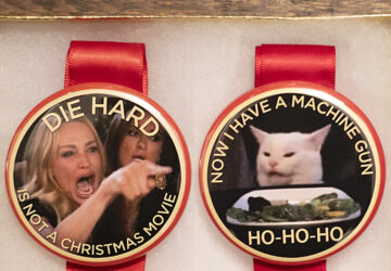 A box with two buttons that have pictures of cats.