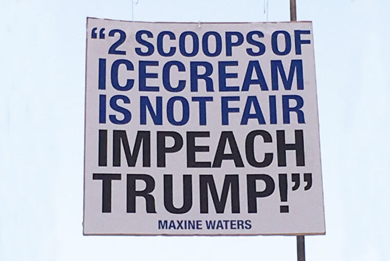 A sign that says " 2 scoops of icecream is not fair impeach trump !"