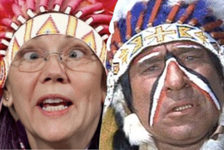 A woman wearing a native american headdress and a man with an indian head dress.