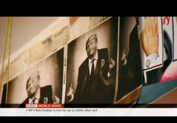 A picture of donald trump is on display.