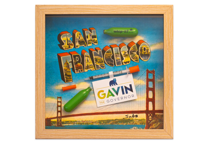 A picture of the san francisco skyline with gavin on it.