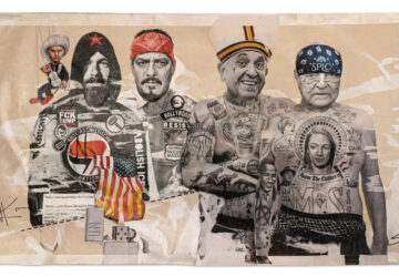 A collage of different people with tattoos on their heads.