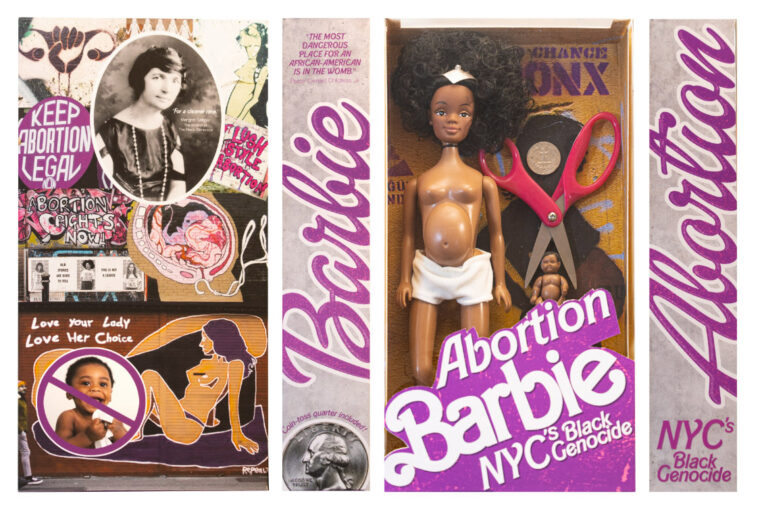 A doll is in the middle of several different barbie dolls.