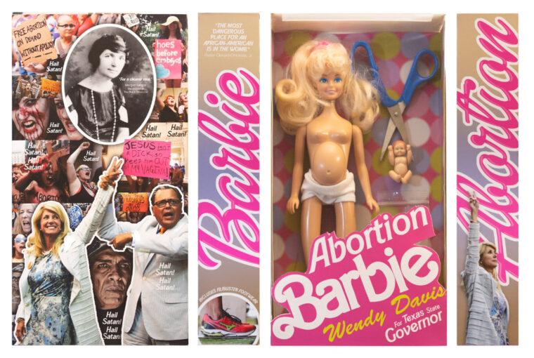 A barbie doll is in the box next to another doll.