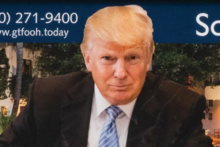 A picture of donald trump is on display.
