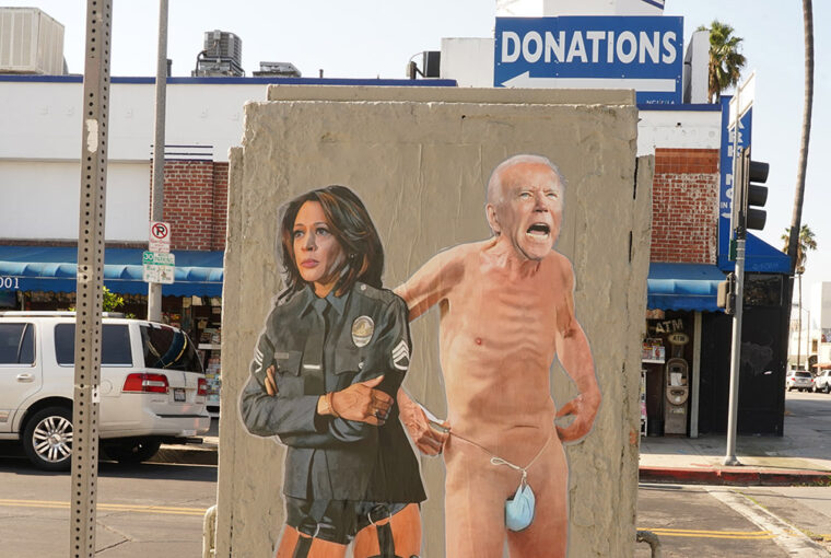 A painting of a police officer and naked man.