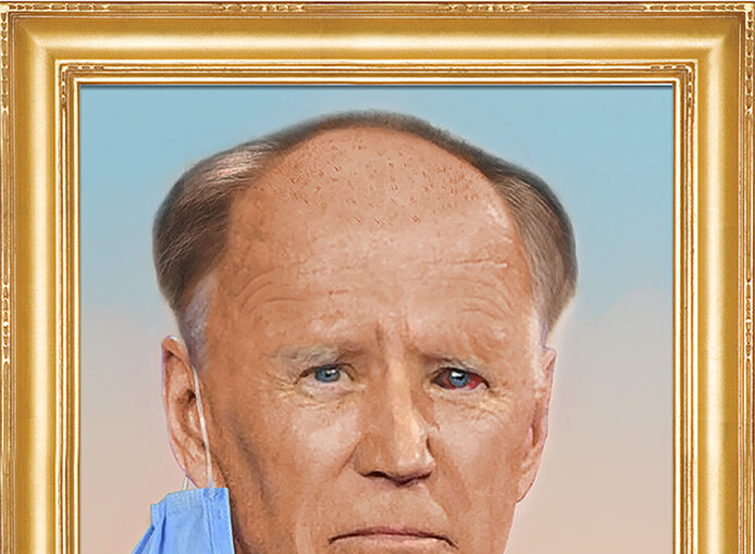 A painting of an older man wearing a face mask.