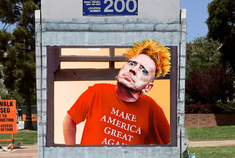 A billboard with a picture of a man in red shirt.
