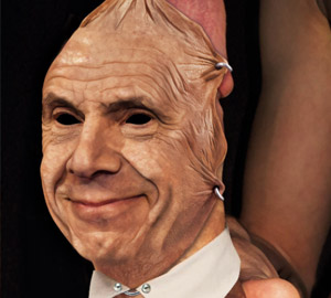 A man wearing an old man mask with a tie around it.