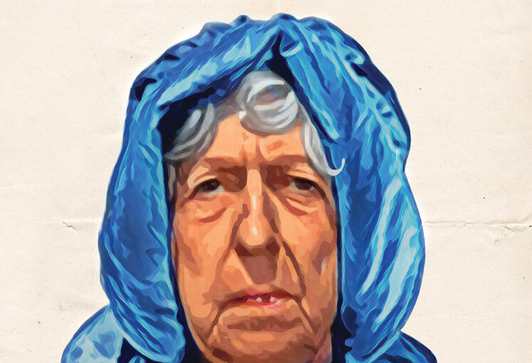 A painting of an old woman wearing a blue hat
